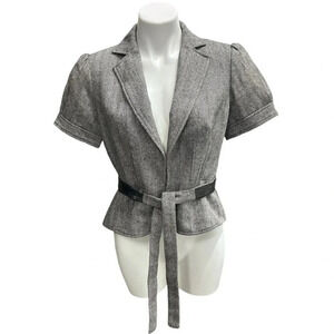 Ann Taylor LOFT Herringbone Tweed Fitted Short Sleeve Belted Blazer Jacket Twee